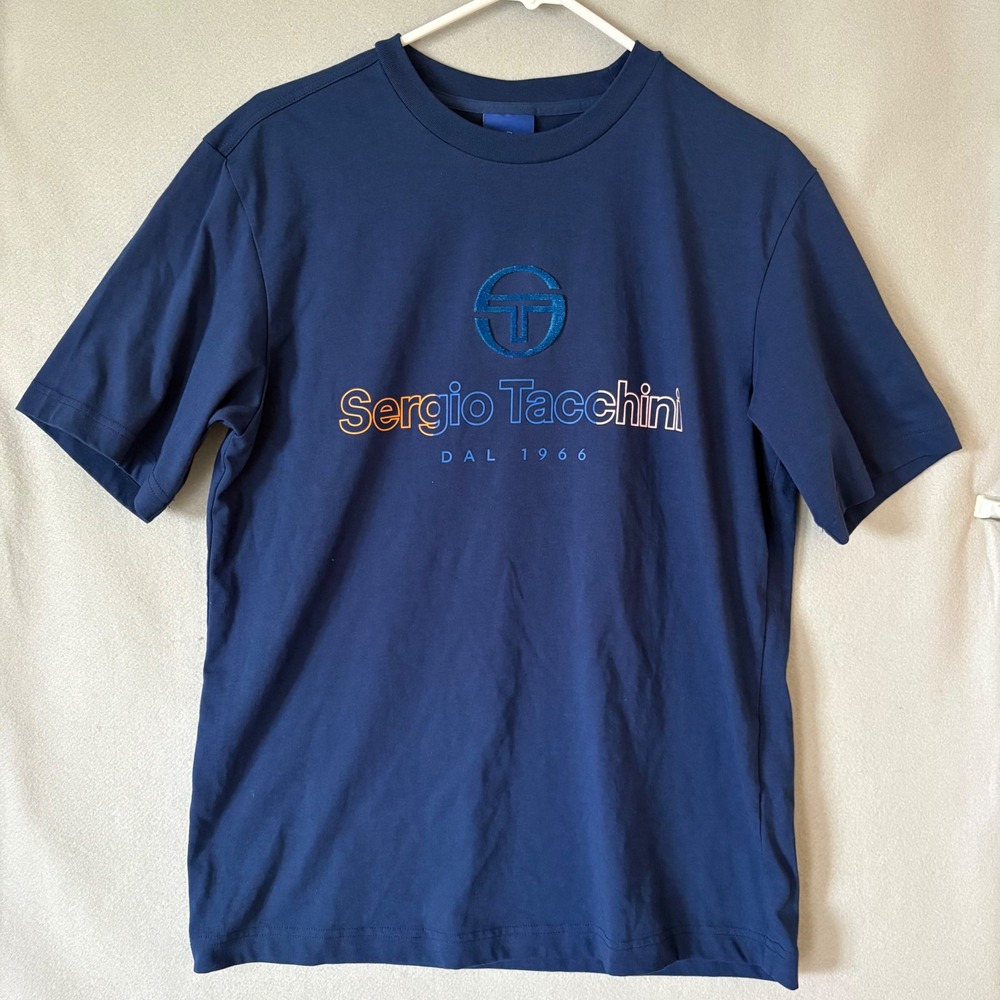 Sergio Tacchini Mens Navy Blue Graphic Chenille Logo T-Shirt Tee Dal 1966 Large